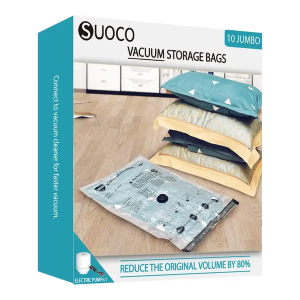 SUOCO Vacuum Seal Bags for Clothing Travel and Home Storage, Travel Vacuum Bags with Electric Pump, Space Saver packing compression for Blankets Comforters Pillows Clothes, 10 Jumbo homeessentials Cordless Set usb rechargeable handheld pump