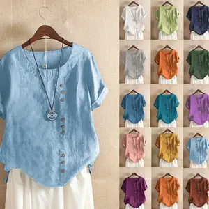 Women's Cotton-Linen Button Blouse, 18 Colors, S-5XL Sizes, Summer O-Neck Short-Sleeve Solid Shirt Tops