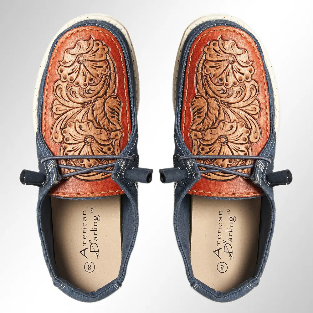 American Darling Hand tooled, carved genuine leather trim lightweight shoe footwear, slip on| Tooled Footwear