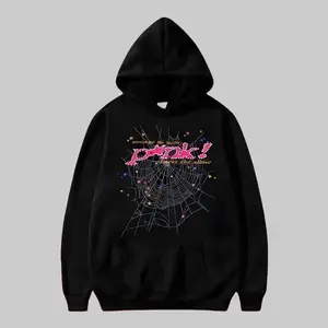 Pink Spider Graphic Hoodie, Vintage Spiderweb Streetwear Pullover, Y2K Gothic Hip-Hop Top