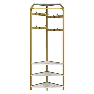 Corner Coat Rack with Shoe Bench Entryway and 12 Double Hooks, Corner Hall Tree - Corner Clothes Rack with Storage Corner Tree with Organizer Shoe Bench Shelf for Entryway, Hallway, Closet, Gold