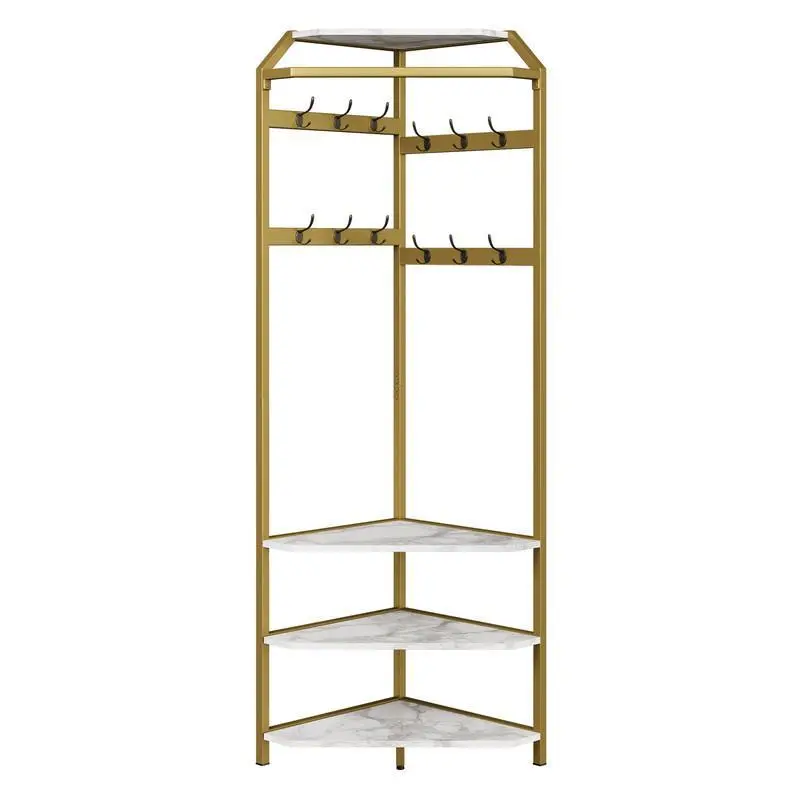 Gold Corner Hall Tree - Corner Coat Rack with Shoe Bench, 12 Double Hooks and Storage Shelf for Entryway, Hallway