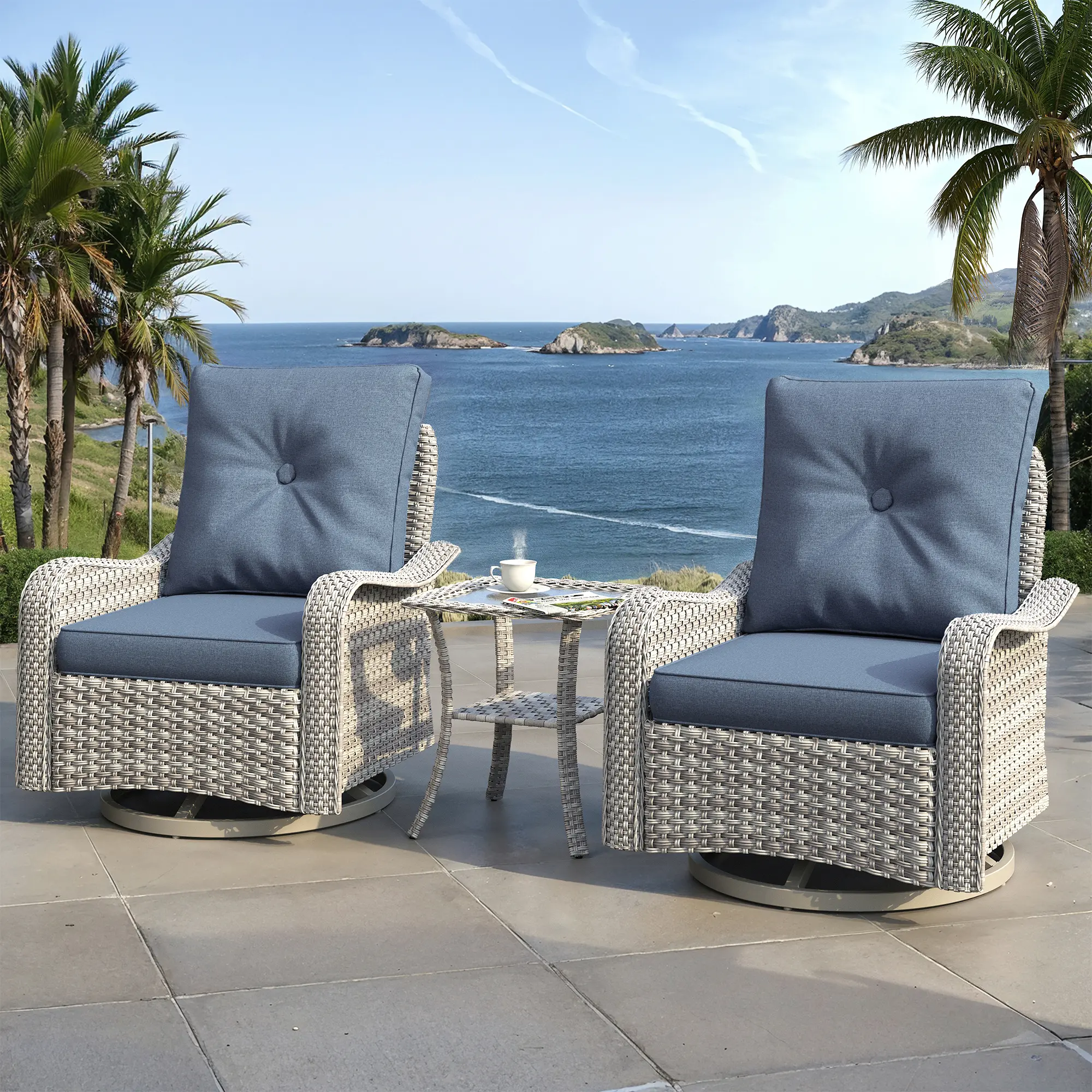 [Deals For You Days] Modern Outdoor Rattan Furniture Set - 3-Piece High-Back Rocking Chairs with 4" Cushions, Fade-Resistant Side Table, All-Weather PE Rattan for Backyard, Garden, Outdoor Furniture Set