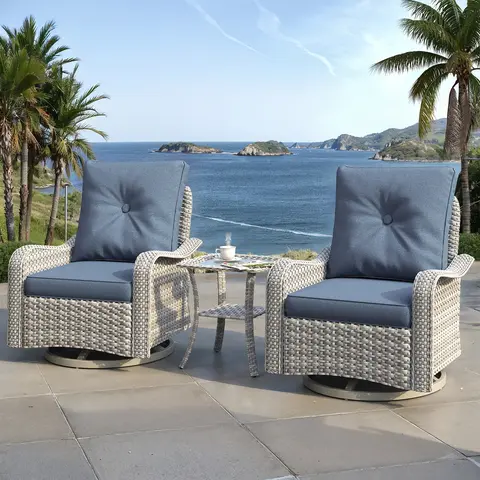 [Deals For You Days] Modern 3-Piece Outdoor Rattan Patio Furniture Set - Ergonomic High-Back Rocking Chairs with 4" Thick Wipe Clean Cushions, 18mm Durable Fade-Resistant Side Table, All-Weather PE Rattan for Backyard, Garden