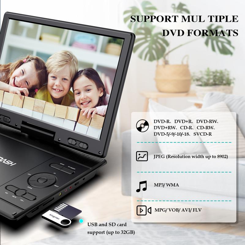 [Mydash] 14.9" Portable DVD Player, MYDASH CD player w/ 12.5" Swivel HD Screen, Audio player w/ Dual-Speaker, 6 Hours Rechargeable Battery, Region Free, Remote Control, Sync TV/CD/USB/SD Multi-Format Support,no blu-ray