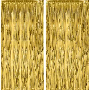 2 Pack Gold Foil Fringe Backdrop Curtains, Tinsel Streamers Birthday Party Decorations, Fringe Backdrop for Graduation, Baby Shower, Gender Reveal, Disco Party