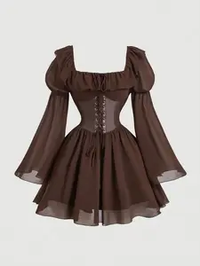 Brown Chiffon Patchwork PU Waist Vintage Flare Sleeve A-Line Dress,Semi Formal Dress,Fall Women Clothes,Ruffle Dress,Formal Dress, Homecoming Dresses,Prom Dress,Renaissance Dress,Cruise Women Outfits,Fairy Core,Cottage Core, Clothes,90s Outfit