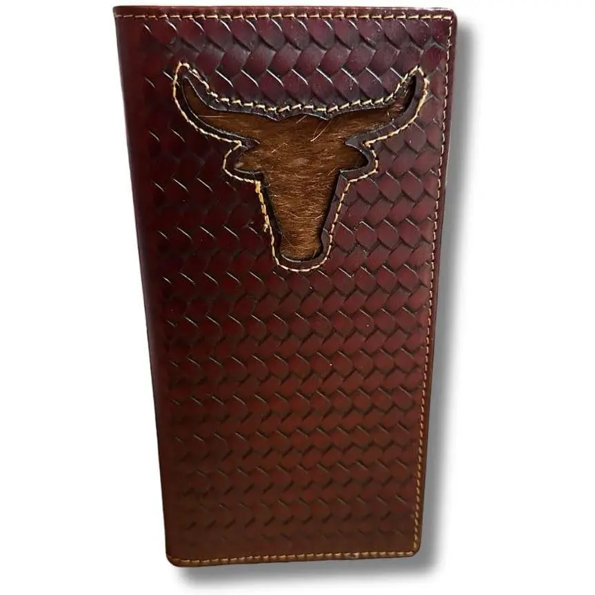 Men's Longhorn Long Wallet - Brown Basketweave with Cow Hair Accent - Durable Fashion, Leather, Cowhide Design, Durable Fashion Wallet, Leather Wallets