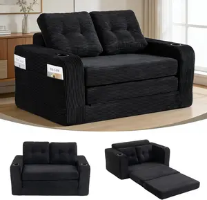 54" Convertible Sofa Bed, 2-in-1 Boneless Folding Couch Bed with Cup Holder & Pocket, Corduroy Fold Out Floor Couch with Pillows for Living Room, Bedroom, Small Spaces (Black)