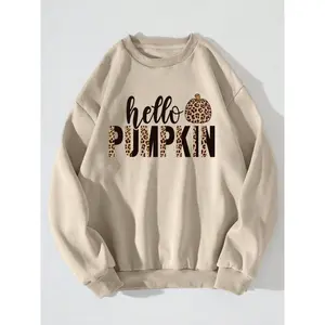 Halloween Leopard Print Fleece Pullover Sweatshirt, Casual Loose-Fit Round Neck Jumper for Fall & Winter, Vintage Holiday Style