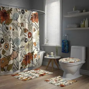 Vintage Floral Flower Boho Print Shower Curtain Set, 71x71 Inch Polyester Fabric, Wall Mounted with 12 Hooks, Ruffled Pleated Design for Bathroom Décor, Shower Essentials