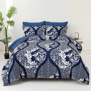 7 Pieces Queen King Size Bed in a Bag Navy Blue Comforter Set Bohemian Damask Bedding Set Soft Microfiber Reversible Down Alternative with Sheet Set