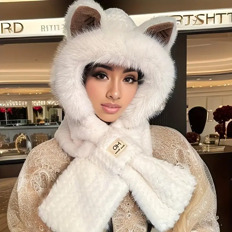Unisex Plush Thick Upgraded Winter Hooded Scarf Hat with Cartoon Ears, Solid Color Cozy Hood-Scarf, Neck-to-Head Wrap Neck Warmer for Women, Soft Sports & Outdoor Accessory, Unisex Clothes