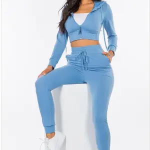 FRENCH TERRY CROPPED ZIP UP JACKET JOGGER SET Long Sleeve Plain Cotton Set Woman Comfortable Quick Dry