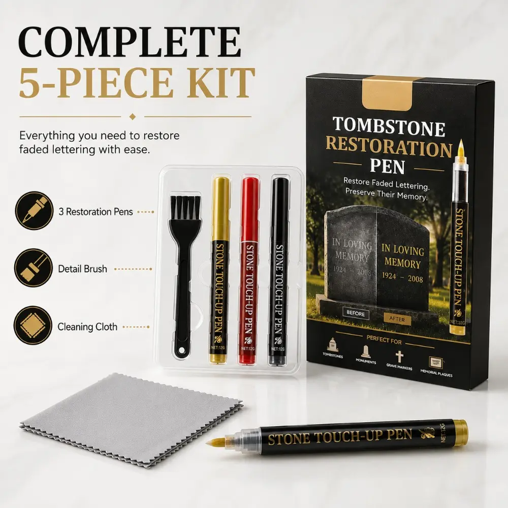 5PCS Tombstone Letter Restoration Pen Kit, 3 Color Permanent Waterproof Lettering Markers with Fine Detail Brush and Cleaning Wipe Cloth, Fade Proof Outdoor Gravite Recoloring Tools for Caregivers, Memorial Headstone Upkeep & Grave Maintenance