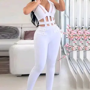 Sexy Hollow Out Halter Buckled Jumpsuit in Yellow Fashionable Design  size: small,Large,medium,1x,2x