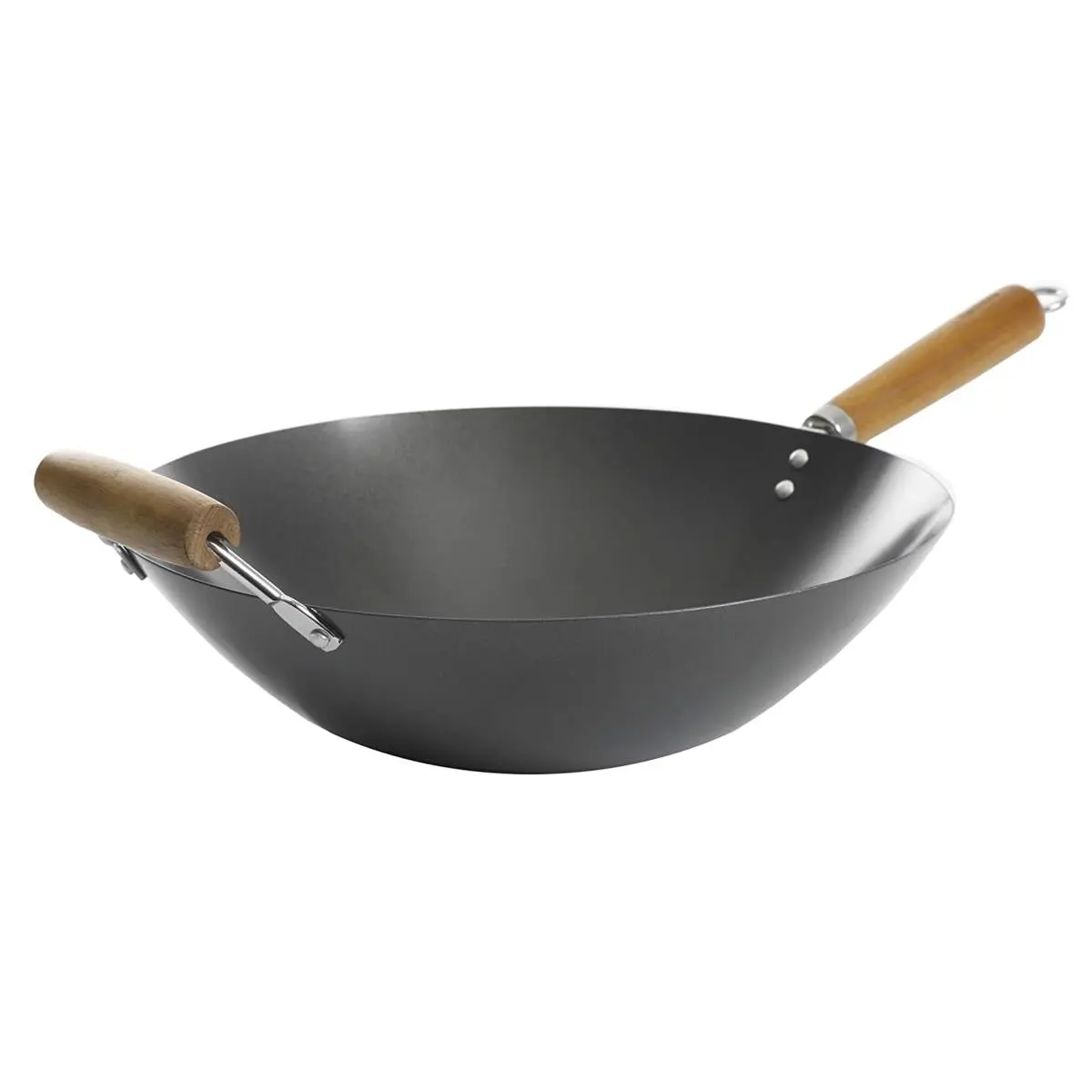 Kenmore 14 in. Hammond Flat Bottom Carbon Steel Wok - Nonstick Cookware, Heavy-Duty Pan, Durable Kitchenware with Wooden Handle Grip, Ideal for Oil-Based Cooking