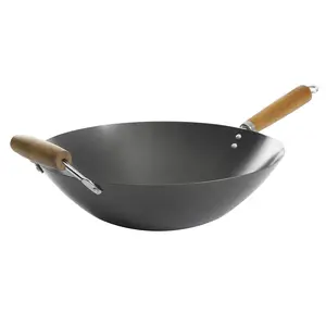 Kenmore 14 in. Hammond Flat Bottom Carbon Steel Wok - Nonstick Cookware, Durable Cookware, Heavy Duty Pan with Wooden Handle Grip, Ideal for Oil-Based Cooking