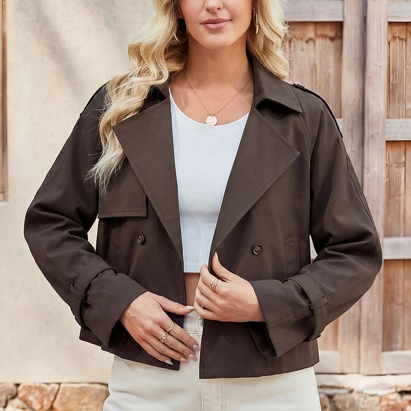 Women's Double Breasted Short Duster Trench Coat Lapel Loose Windproof Cropped Jacket Coat with Pockets
