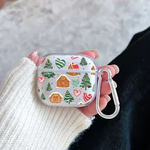 Gingerbread Christmas Love Pattern TPU Soft Protective Case for Apple AirPods 4/3/2/1/Pro/Pro2 Transparent Earphone Cover with Keychain Attachment