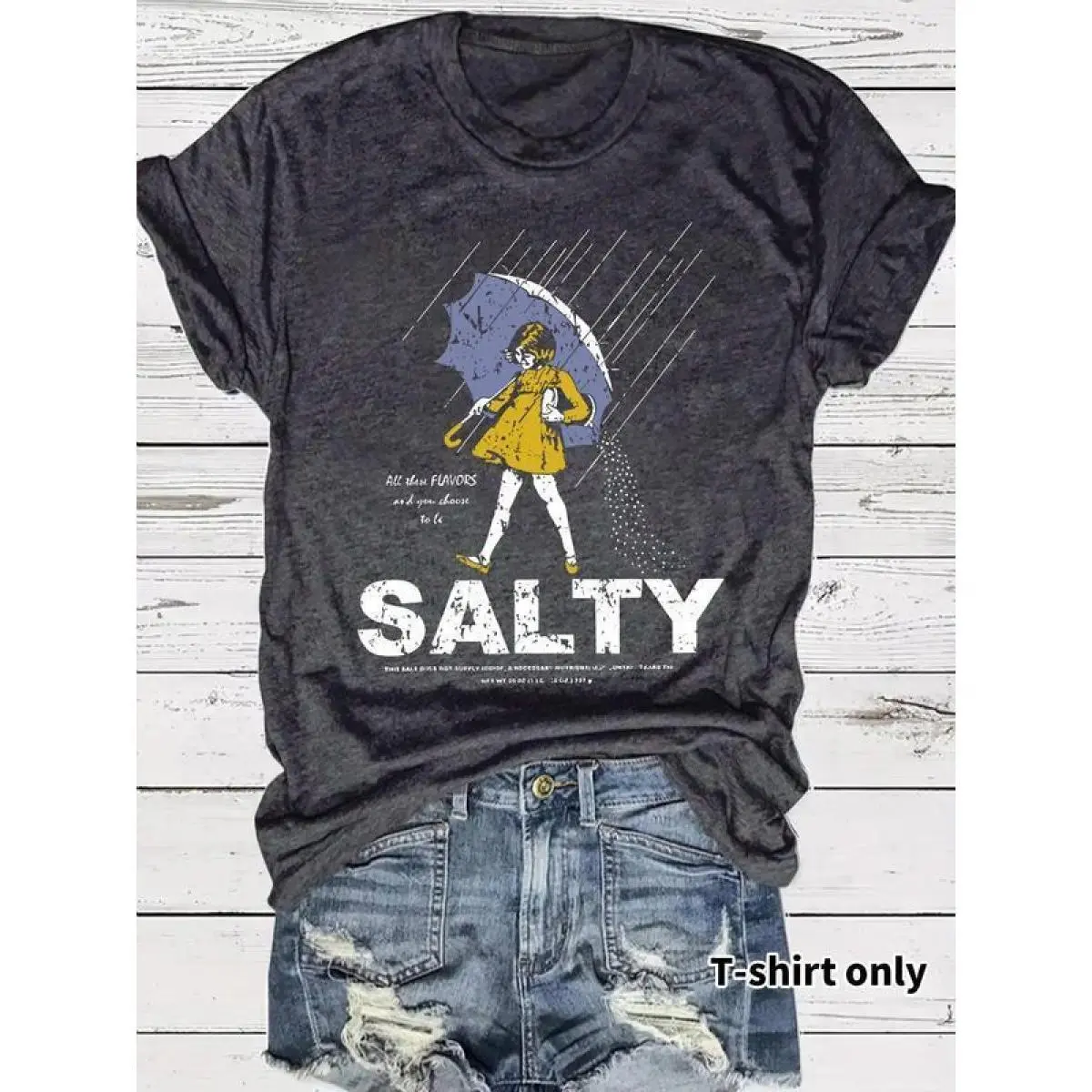 Salty Rain Girl Graphic T-Shirt, Vintage Retro Salt Girl Umbrella Print Tee, Funny Meme Oversized Cotton Shirt for Women Men, Cute Aesthetic Weather Cartoon Top, Casual Streetwear with Vintage Distressed Effect, Unique Gift for Humor Lovers