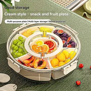360° Rotatable Compartmentalized Tray with Lid Round Plastic Storage Container for Fruits Snacks & Vegetables Durable Design Food Safe for Home & Restaurant Use Ideal for Snack Storage Modern Kitchen Essential
