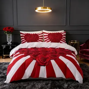 Rose Heart Print Bedding Set, 3 Piece Includes 1 Duvet Cover + 2 Pillowcases No Insert, Wedding Season Must-Have Bedding Soft Comfortable Fabric, Perfect Wedding Gift