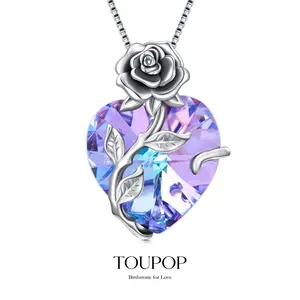 TOUPOP Valentines Day Gifts for Her,s925 Sterling Silver Rose Flower Heawrt Pendant Necklace Fine Jewelry with Created Austrian Crystal,Anniversary Mothers Day Birthday Gifts for Women Her Wife Mom Girlfriend Lady