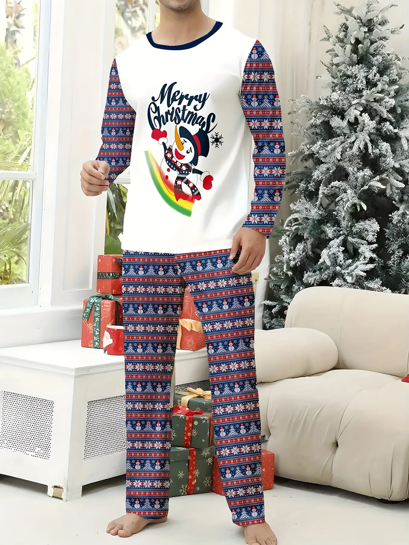 Winter Christmas Celebration Blue Cuff Snowman Detail Printed Long Sleeve Pants Two-piece set, comfortable and soft, 100% polyester breathable and durable, machine washable - perfect for festive family events