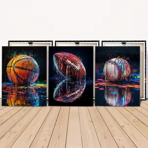 3 Counts Wooden Framed Canvas Painting, Color Splash Sports Balls Images, Exquisite Poster, Perfect Living Room Decoration, Modern Art, Fashion Family Poster, Wall Art Decoration, Modern Home Decoration, Waterproof Art