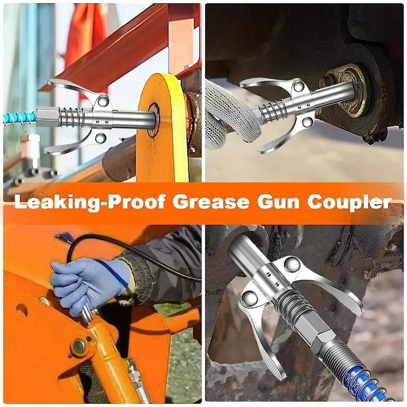 Locking Grease Gun Coupler with Flexible Hose, Leak-Proof Quick Release 6-Jaw Grease Gun Tip for 1/8" NPT Fittings, Rated 10000 PSI for Manual Pneumatic Battery Grease GunsAdjustable Stainless Steel Tool Set