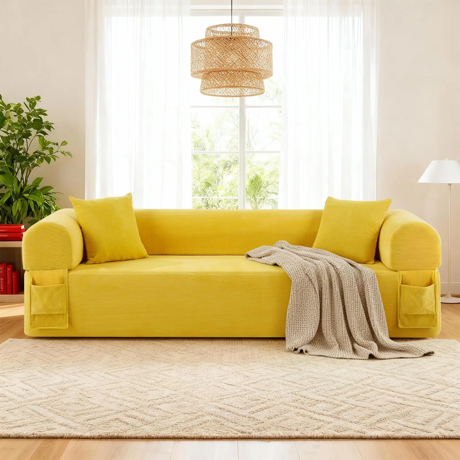 Eyisean 82.5" Corduroy Modern Boneless Couch, Comfy Ergonomic 3-Seater Spring Sofa with Wide Armrest, Space-Saving Floor Couches with Pillows & Storage Pockets, No Assembly Required for Living Room