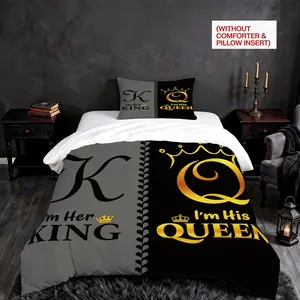 King & Queen Themed Couple Duvet Cover Set, 2/3 Pieces, Black & Gray Split Color Double Bed Duvet Cover Set, No Insert, Romantic Bedding for Couples, Valentine's Day Bedroom Decor Bedding