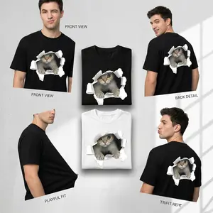 Broken cute cat visual illusion T-shirt, retro and old washed basic model, trendy brand Y2K style versatile couple tee