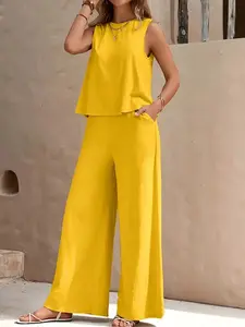 Womens Ladies Elegant Solid Color Crew Neck Tank Top Wide Leg Pants Two Piece Set Summer Casual Lounge Outdoor Vacation Mothers Day