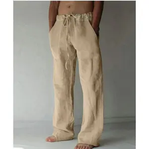 Cotton Linen Men's Casual Loose Fit Elastic Drawstring Waist Summer Beach Pants Soft Below the Ankle Minimalist Plain Beige Sweatpants with Big Pockets Straight White