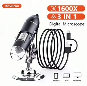 1600X Digital Microscope Set 3 in 1 Type C USB ProfessionalElectron Microscope with 8 LEDs Metal Stand EndoscopeZoom Portable Camera Webcam