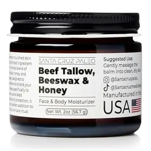 Santa Cruz Paleo, Beef Tallow, Beeswax & Honey Face Moisturizer, Organic, Unscented Grassfed Beef Tallow Skin Care, Sunscreen Free, Non Comedogenic Face & Body Moisturizer for Sensitive Skin, 2 Oz