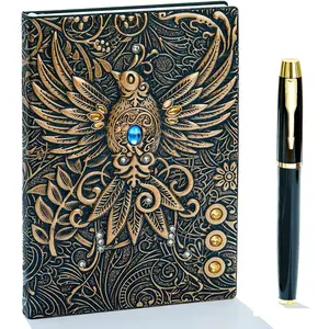 Embossed Leather Journal Notebook with Phoenix Design and Golden Classic Pen - Bronze