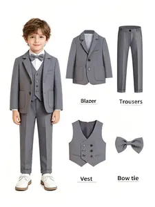 4-piece boys' suit set (jacket + vest + pants+ bow tie), suitable for boys, toddlers, teenagers,weddings, graduation ceremonies, church occasions, and as a gift! Formal slim-fitting boys' suit (excluding shirt）