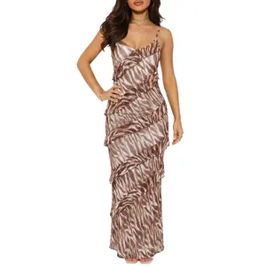 HOCILLE Sexy V Neck Backless Ruffle Maxi Dress for Women 2026 Summer Elegant Bodycon Floral Tie Dye Long Dress Spaghetti Strap Sundress for Wedding Guest, Cocktail Party, Graduation & Vacation Outfits Trendy Animal Print & Tie Dye Bodycon Y2K Streetwear