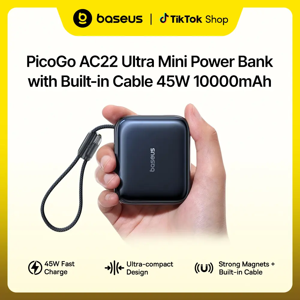 Baseus PicoGo AC22 Mini Power Bank, 10000mAh 45W PD Portable Charger Built-in USB-C Cable, Ultra Small Sized Battery Pack, Fast Charging Battery Bank for iPhone 17/16/15 Samsung S25/S24 Pixel 10 iPad