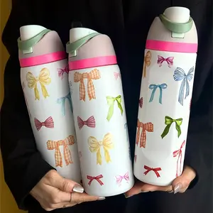 Bow Pattern Stainless Steel Vacuum Flask, Leakproof Insulated Tumbler, 1 Count Portable Insulated Water Bottle with Straw, Drinking Cup for Home Office School Outdoor Camping, Drinkware