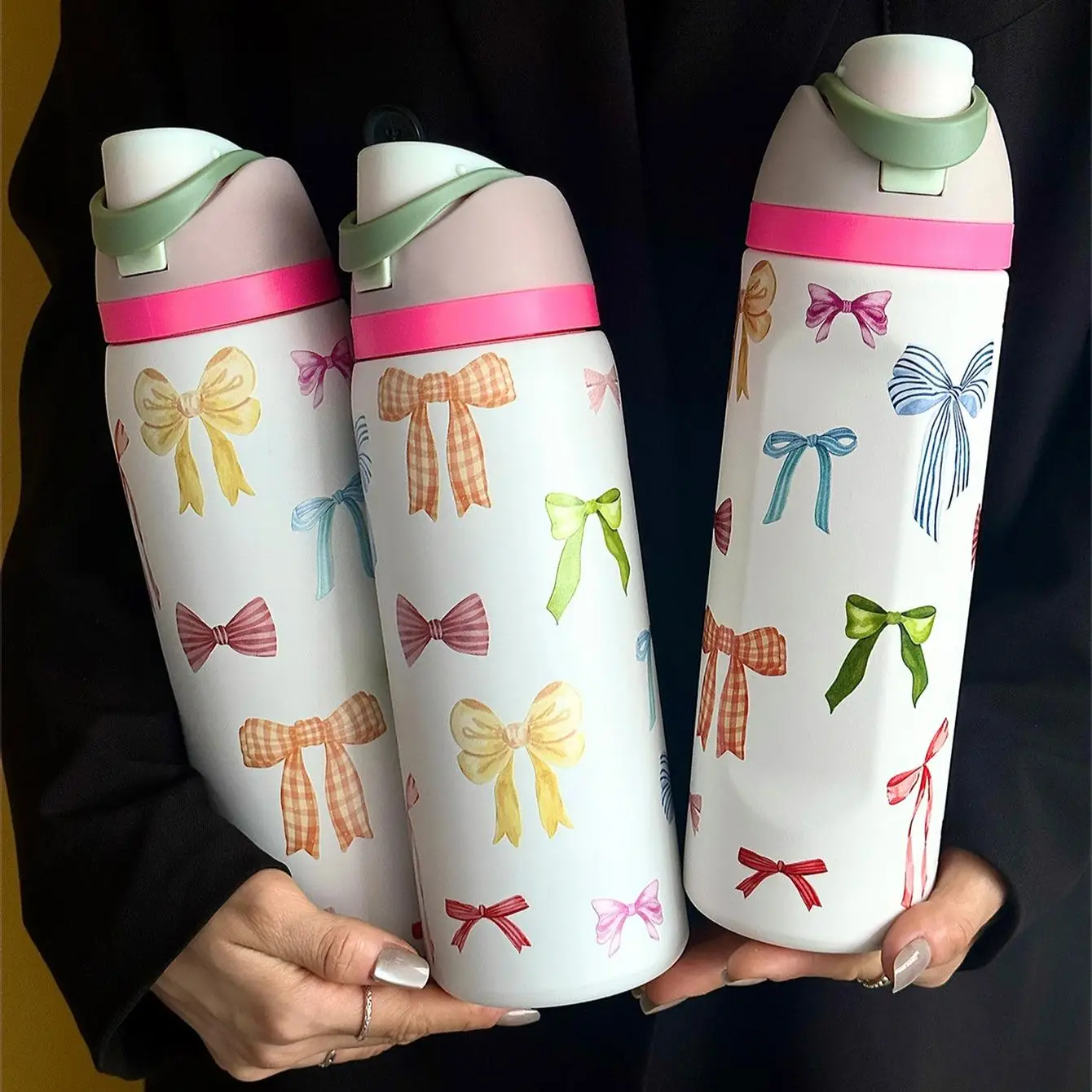 Bow Pattern Stainless Steel Vacuum Flask, 1 Count Portable Insulated Water Bottle with Straw, Drinking Cup for Home Office School Outdoor Camping, Dri