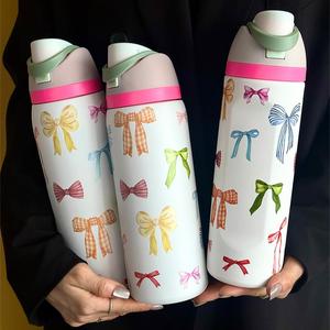 bow pattern stainless steel vacuum flask, 1 count portable insulated water bottle with straw, summer cool bottle drinking cup for home office school outdoor camping, insulation drinkware, thermal flask