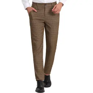 Lars Amadeus Men's Flat Front Office Prom Classic Plaid Dress Pants Brown 28