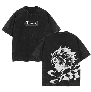 Retro Heavy Limited Tanjiro Kamado x Demon Slayer Anime Double Printed Vintage Washed Unisex Oversize Anime Manga Washed Heavyweight Cotton T-shirt, gifts For Anime Fan, Anime Lover