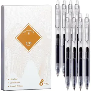 Gel Pens 0.38mm Ultra Fine Point for Note Taking,Clear ,Black Ink,Pack of 8