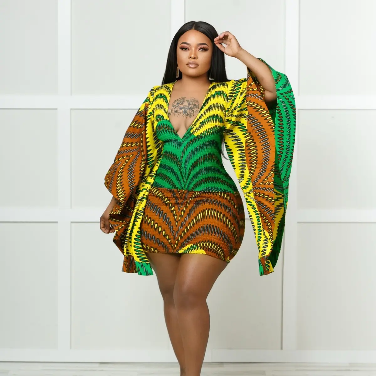 Adjwoa African Print Mini Dress with Flare Sleeves
