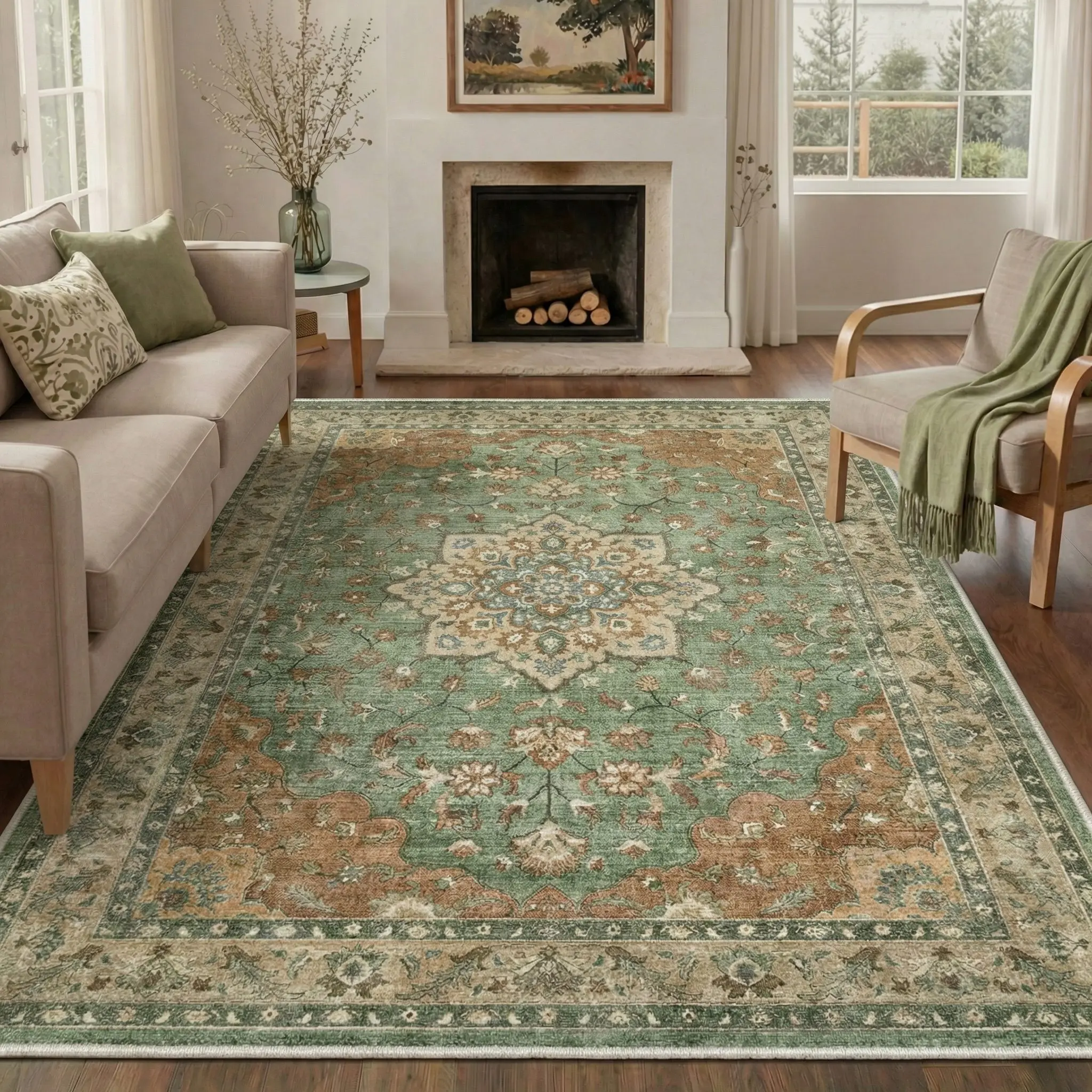 【Back To School】GENIMO Soft Rug – Machine Washable, Non-Slip, Pet Friendly Floor Rug, Area Carpet Ideal for Living Room, Bedroom, Kitchen, Hallway, Complete Interior Decor ,ARP2684-GREEN